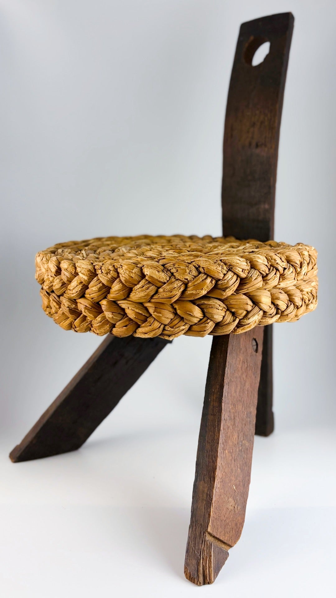 Three-legged stool with woven seat by Audoux &amp; Minet
