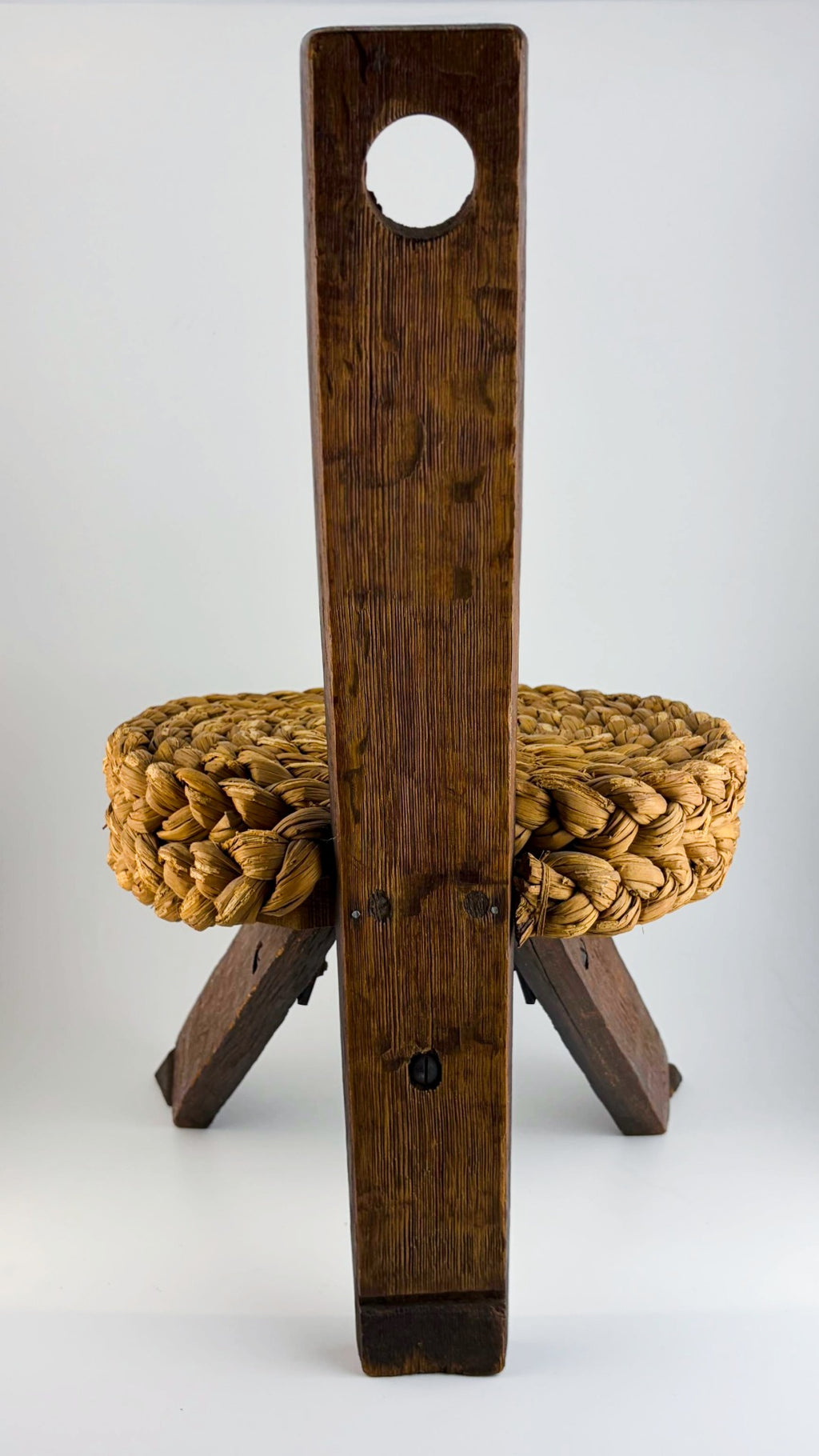 Three-legged stool with woven seat by Audoux &amp; Minet