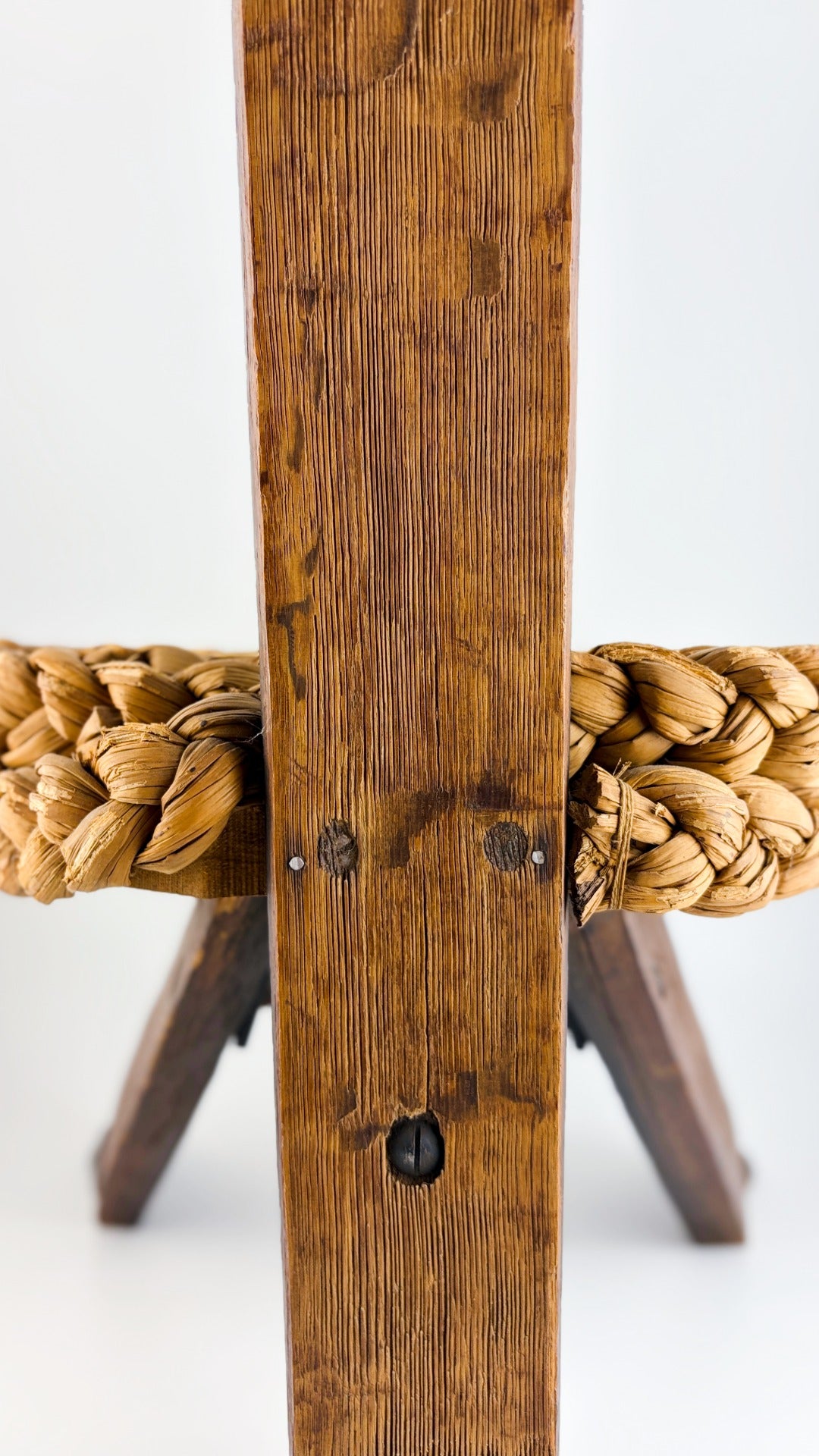 Three-legged stool with woven seat by Audoux &amp; Minet